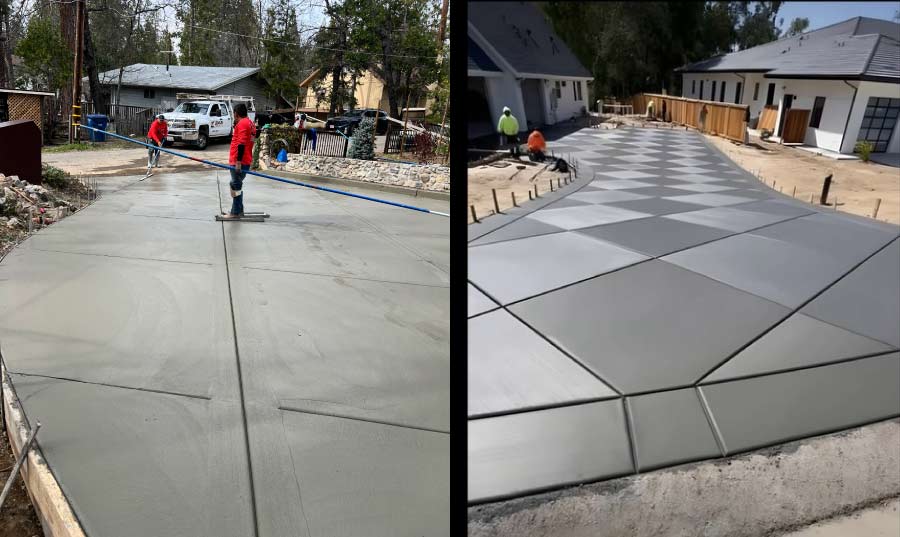 Before and after comparison of a custom residential driveway project, showcasing the transition from a fresh pour to a finished decorative diamond-pattern design
